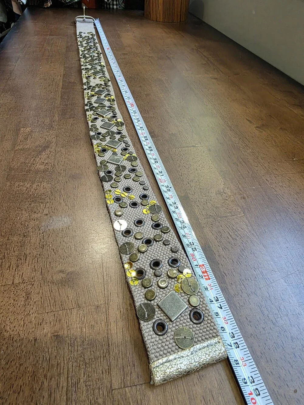 Boho Embellished Canvas Belt Taupe Brass Studded Sequin Size  S/M